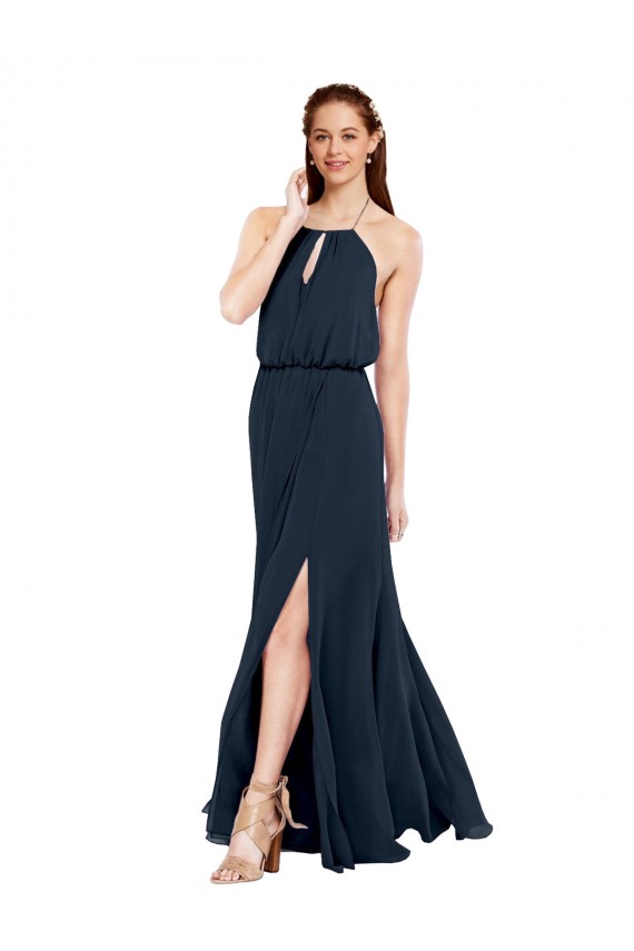 Acquista Blu marino scuro Linea A Capestro Chiffona Lunga Abiti da damigella donore