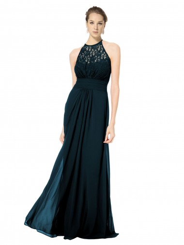Acquista Blu marino scuro Linea A Capestro Illusione Chiffona Pizzo Lunga Abiti da damigella donore