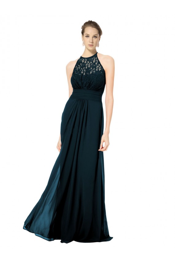 Acquista Blu marino scuro Linea A Capestro Illusione Chiffona Pizzo Lunga Abiti da damigella donore