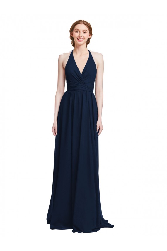 Acquista Blu marino scuro Linea A Capestro Scollatura a V Chiffona Lunga Abiti da damigella donore