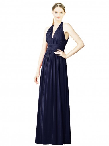 Acquista Blu marino scuro Linea A Capestro Scollatura a V Chiffona Lunga Abiti da damigella donore