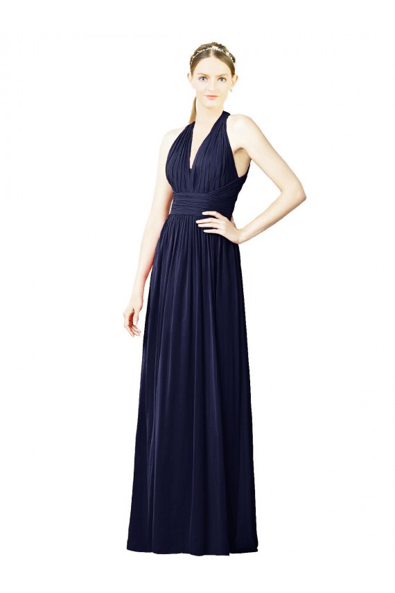 Acquista Blu marino scuro Linea A Capestro Scollatura a V Chiffona Lunga Abiti da damigella donore