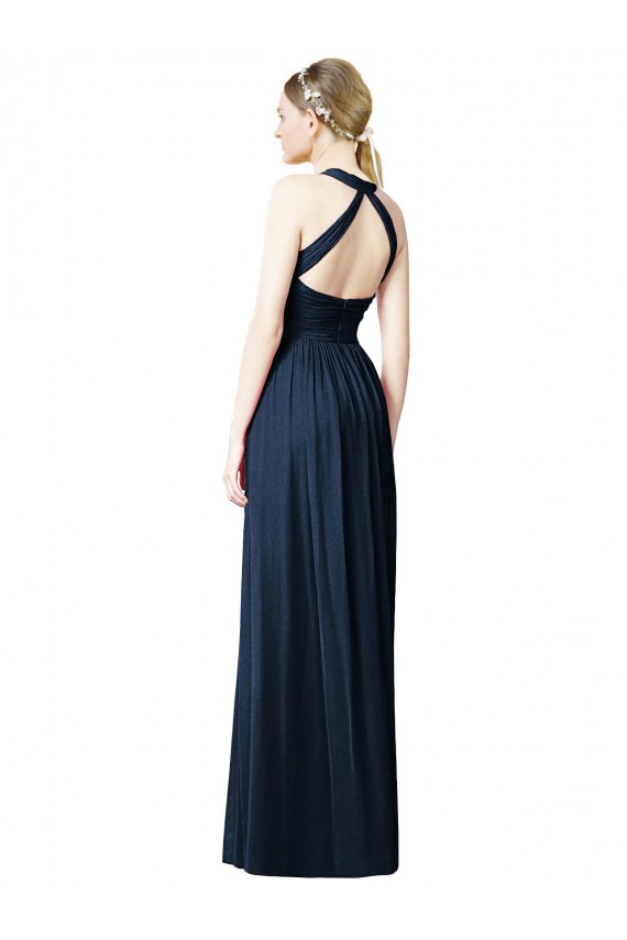 Acquista Blu marino scuro Linea A Capestro Scollatura a V Chiffona Lunga Abiti da damigella donore