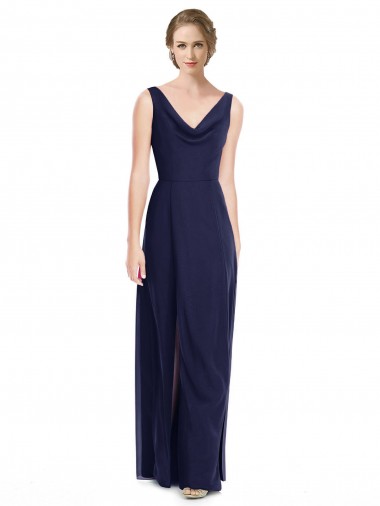 Acquista Blu marino scuro Linea A Cappuccio Chiffona Lunga Abiti da damigella donore