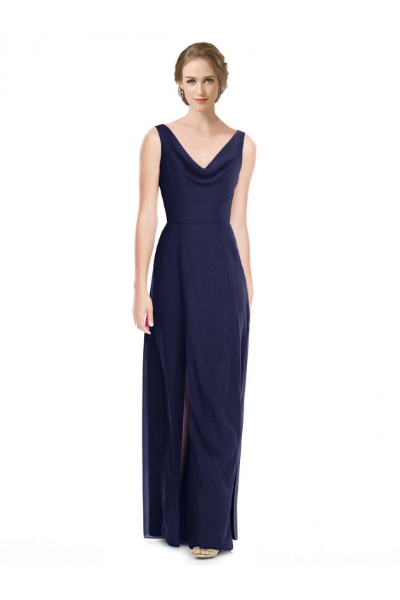 Acquista Blu marino scuro Linea A Cappuccio Chiffona Lunga Abiti da damigella donore