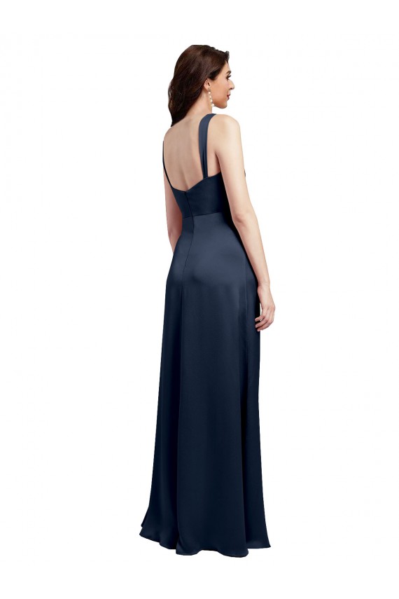 Acquista Blu marino scuro Linea A Cappuccio Raso Elastico Lunga Formali Abiti da damigella donore / Abiti da sera / Abiti da ballo