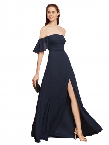Acquista Blu marino scuro Linea A Chiffona Lunga Abiti da damigella donore / Abiti da ballo