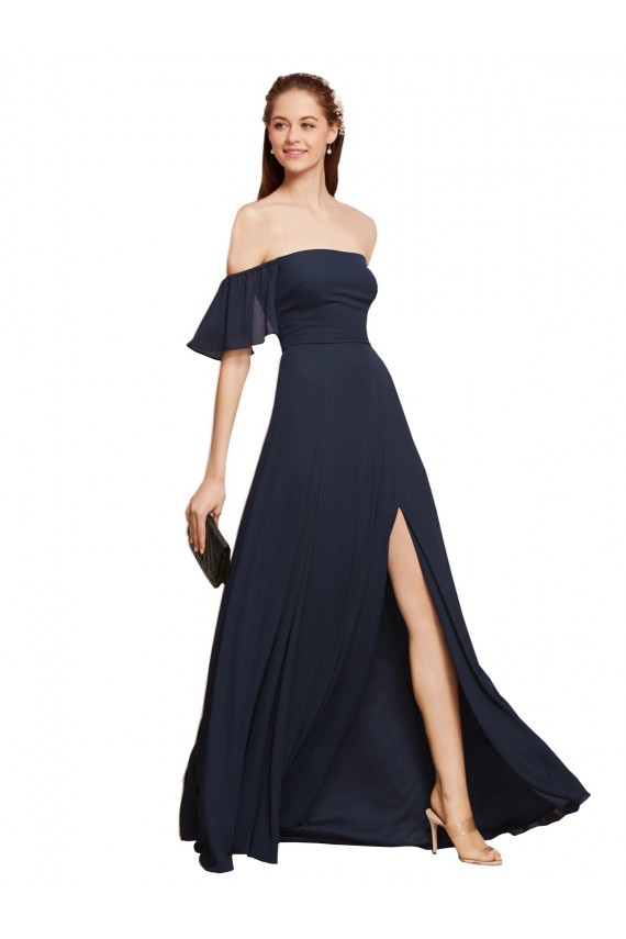 Acquista Blu marino scuro Linea A Chiffona Lunga Abiti da damigella donore / Abiti da ballo