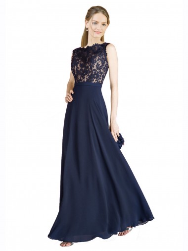 Acquista Blu marino scuro Linea A Illusione Chiffona Pizzo Lunga Abiti da damigella donore / Abiti da ballo