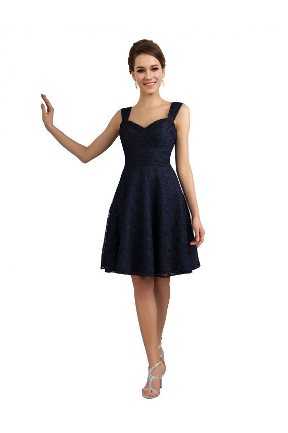 Acquista Blu marino scuro Linea A Innamorato Al ginocchio Pizzo Corto Abiti da damigella donore / Abiti da cocktail