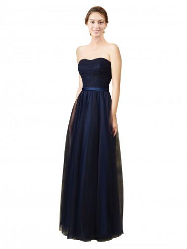 Acquista Blu marino scuro Linea A Innamorato Tulle Lunga Abiti da damigella donore