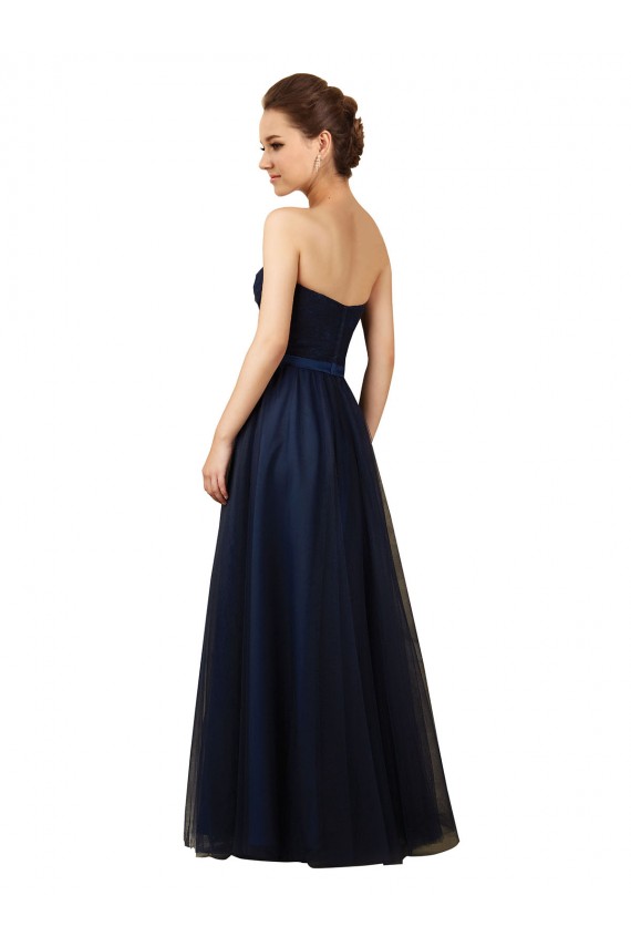 Acquista Blu marino scuro Linea A Innamorato Tulle Lunga Abiti da damigella donore