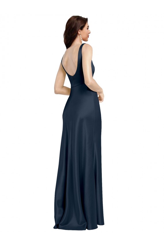 Acquista Blu marino scuro Linea A Piazza Raso Elastico Lunga Formali Abiti da damigella donore / Abiti da sera / Abiti da ballo