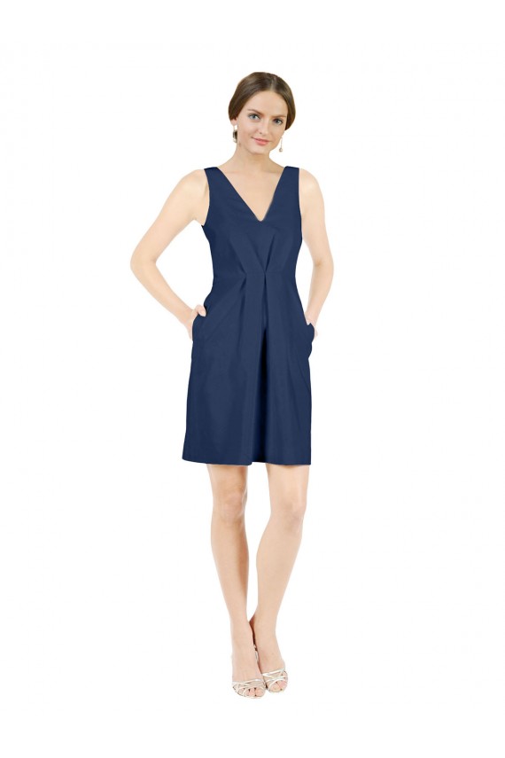 Acquista Blu marino scuro Linea A Scollatura a V Al ginocchio Raso Corto Abiti da damigella donore / Abiti da cocktail