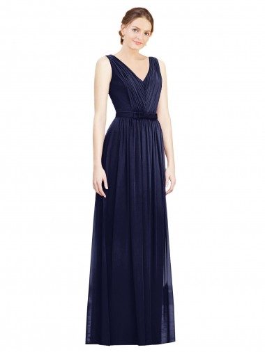 Acquista Blu marino scuro Linea A Scollatura a V Chiffona Lunga Abiti da damigella donore