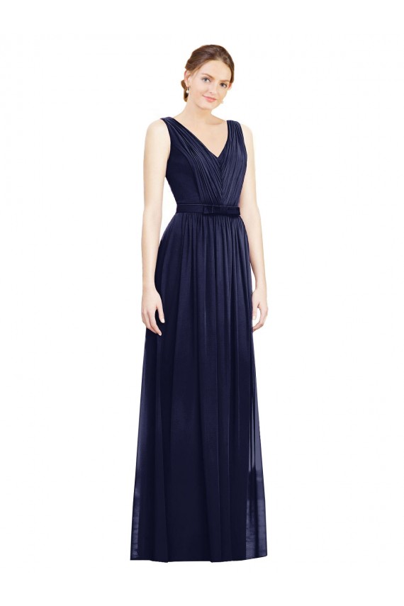 Acquista Blu marino scuro Linea A Scollatura a V Chiffona Lunga Abiti da damigella donore