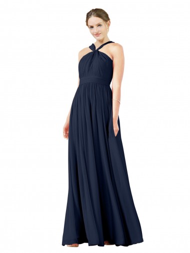 Acquista Blu marino scuro Linea A Scollatura a V Chiffona Lunga Abiti da damigella donore