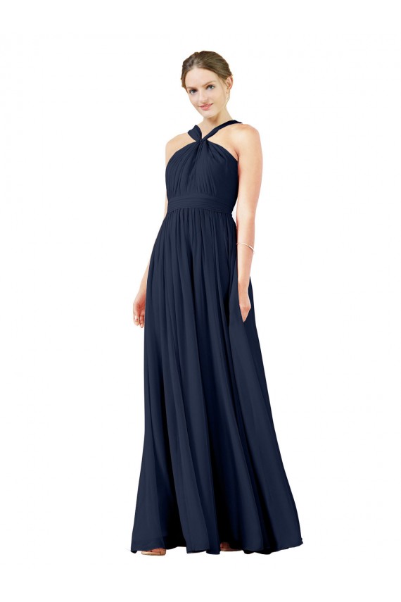 Acquista Blu marino scuro Linea A Scollatura a V Chiffona Lunga Abiti da damigella donore