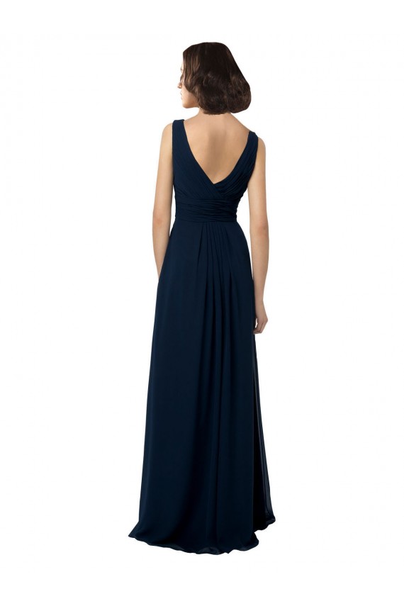 Acquista Blu marino scuro Linea A Scollatura a V Chiffona Lunga Abiti da damigella donore