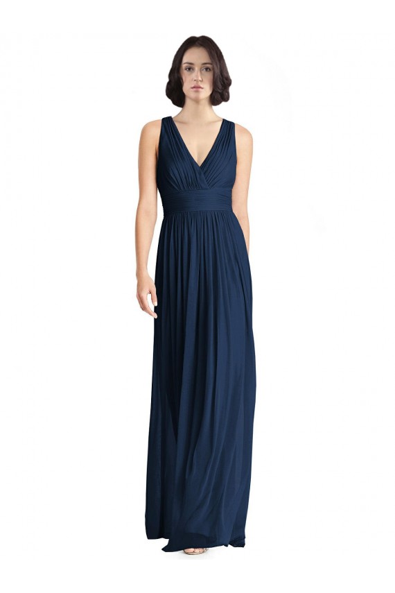 Acquista Blu marino scuro Linea A Scollatura a V Chiffona Lunga Abiti da damigella donore