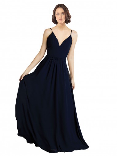 Acquista Blu marino scuro Linea A Scollatura a V Chiffona Lunga Abiti da damigella donore