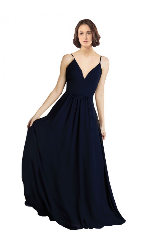 Acquista Blu marino scuro Linea A Scollatura a V Chiffona Lunga Abiti da damigella donore
