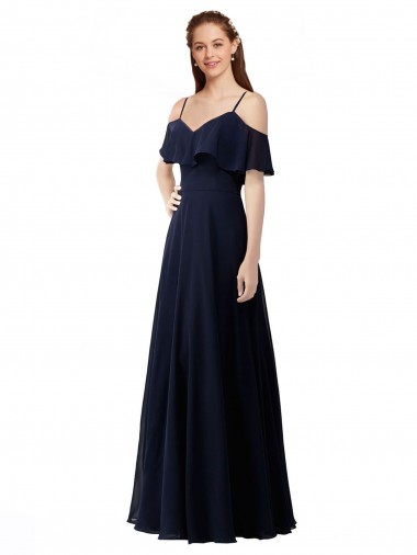 Acquista Blu marino scuro Linea A Scollatura a V Chiffona Lunga Abiti da damigella donore