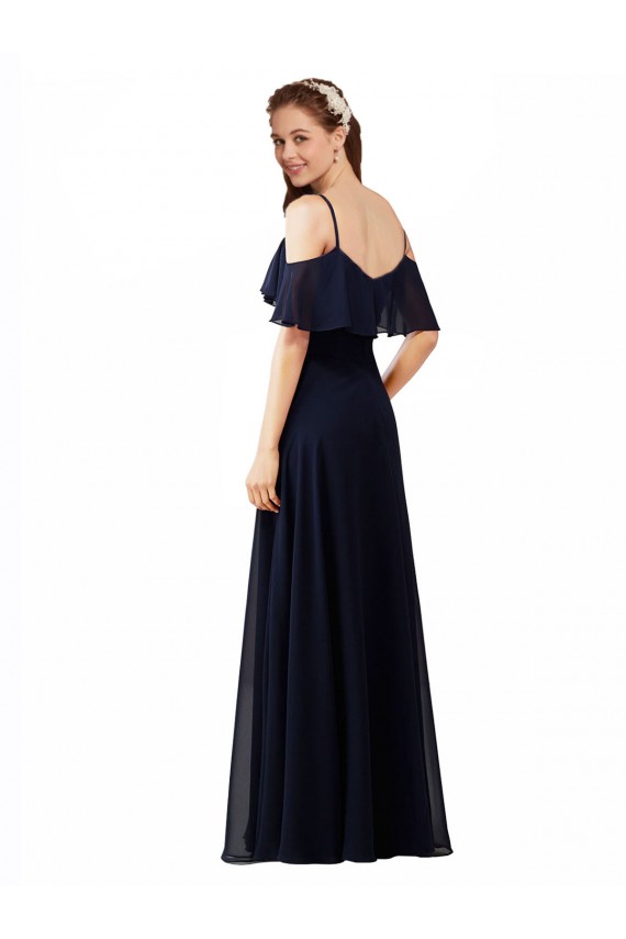 Acquista Blu marino scuro Linea A Scollatura a V Chiffona Lunga Abiti da damigella donore