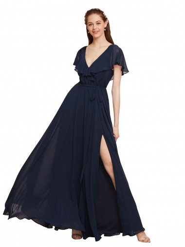 Acquista Blu marino scuro Linea A Scollatura a V Chiffona Lunga Abiti da damigella donore