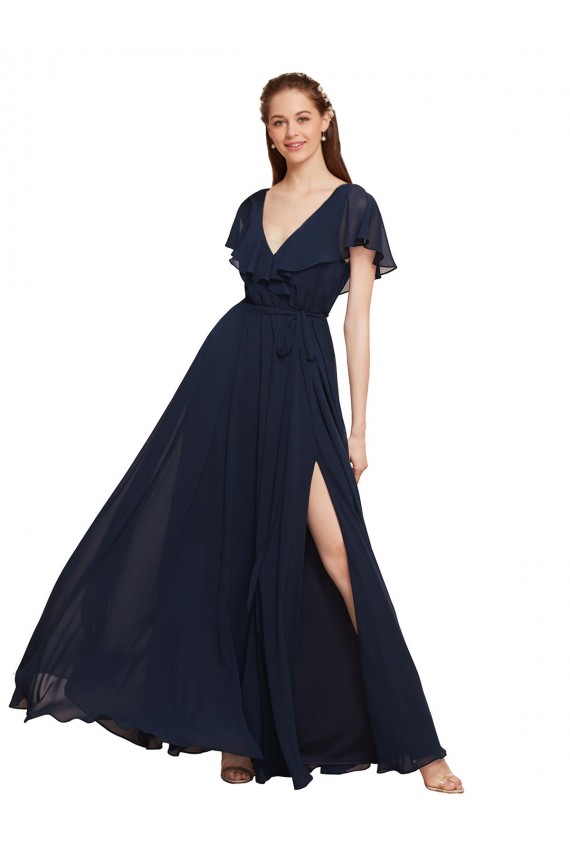 Acquista Blu marino scuro Linea A Scollatura a V Chiffona Lunga Abiti da damigella donore