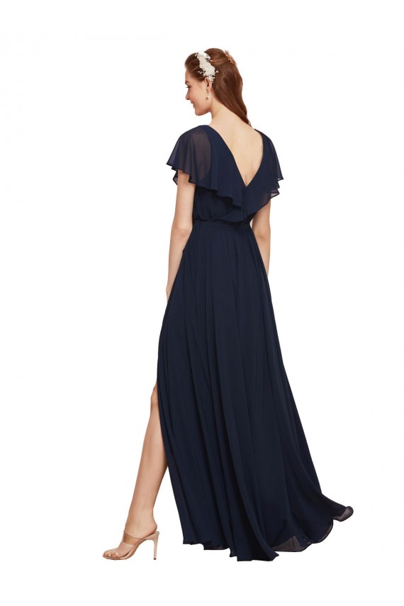 Acquista Blu marino scuro Linea A Scollatura a V Chiffona Lunga Abiti da damigella donore