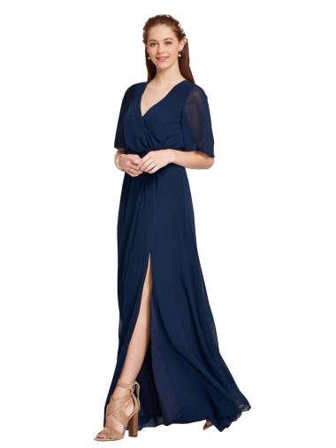 Acquista Blu marino scuro Linea A Scollatura a V Chiffona Lunga Abiti da damigella donore