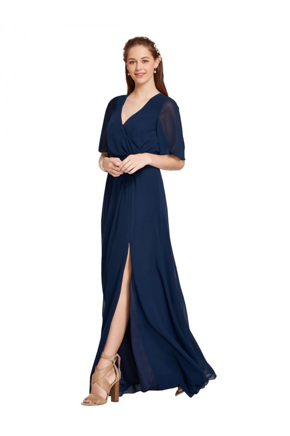 Acquista Blu marino scuro Linea A Scollatura a V Chiffona Lunga Abiti da damigella donore