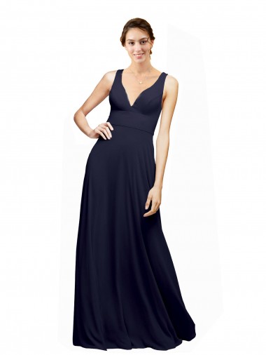 Acquista Blu marino scuro Linea A Scollatura a V Chiffona Lunga Abiti da damigella donore