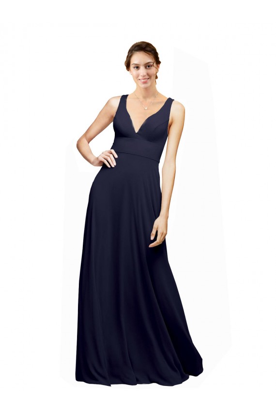 Acquista Blu marino scuro Linea A Scollatura a V Chiffona Lunga Abiti da damigella donore