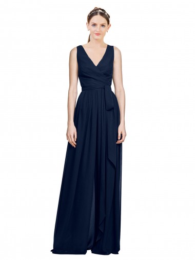 Acquista Blu marino scuro Linea A Scollatura a V Chiffona Lunga Abiti da damigella donore