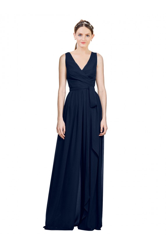 Acquista Blu marino scuro Linea A Scollatura a V Chiffona Lunga Abiti da damigella donore