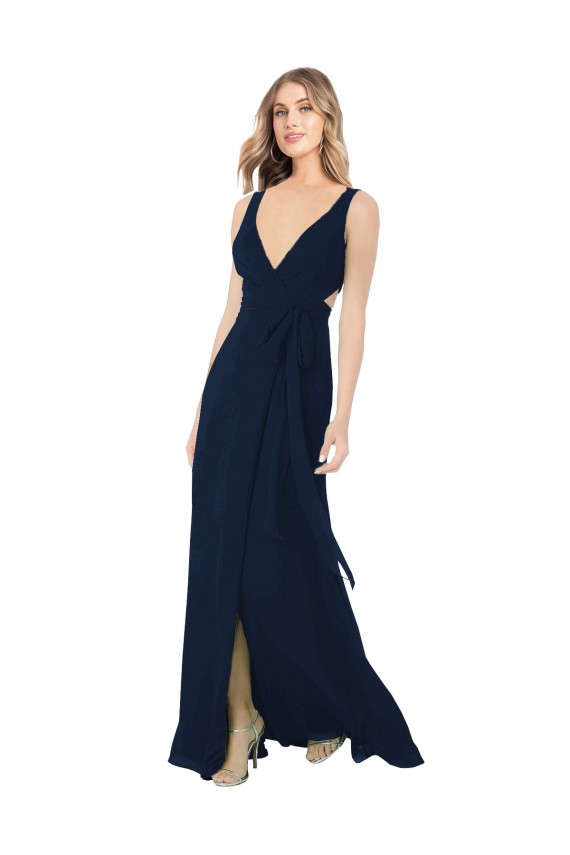Acquista Blu marino scuro Linea A Scollatura a V Chiffona Lunga Abiti da damigella donore