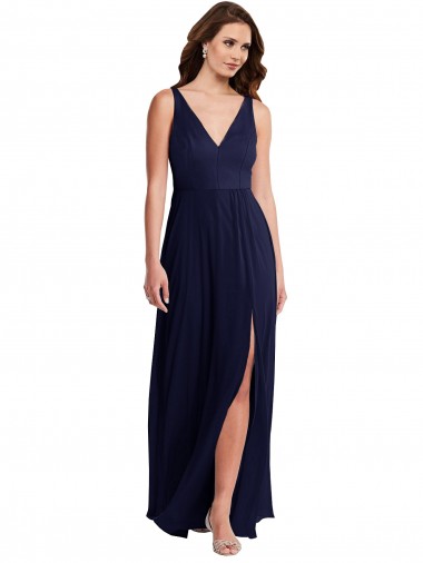 Acquista Blu marino scuro Linea A Scollatura a V Chiffona Lunga Abiti da damigella donore