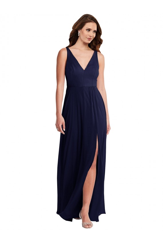 Acquista Blu marino scuro Linea A Scollatura a V Chiffona Lunga Abiti da damigella donore