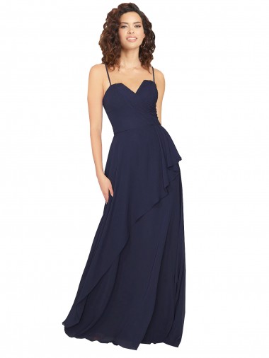 Acquista Blu marino scuro Linea A Scollatura a V Chiffona Lunga Abiti da damigella donore