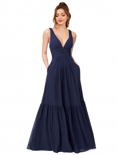 Acquista Blu marino scuro Linea A Scollatura a V Chiffona Lunga Abiti da damigella donore