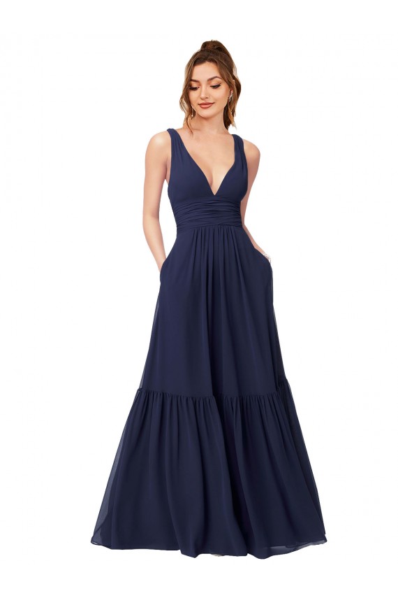 Acquista Blu marino scuro Linea A Scollatura a V Chiffona Lunga Abiti da damigella donore