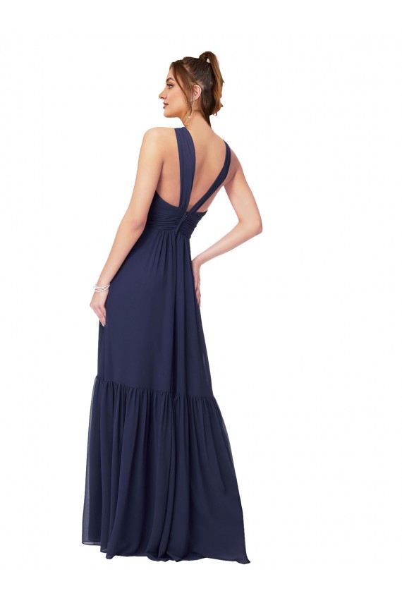 Acquista Blu marino scuro Linea A Scollatura a V Chiffona Lunga Abiti da damigella donore