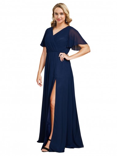 Acquista Blu marino scuro Linea A Scollatura a V Chiffona Lunga Formali Abiti da damigella donore / Abiti da sera / Abiti da ballo