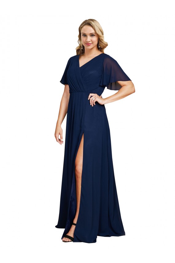 Acquista Blu marino scuro Linea A Scollatura a V Chiffona Lunga Formali Abiti da damigella donore / Abiti da sera / Abiti da ballo