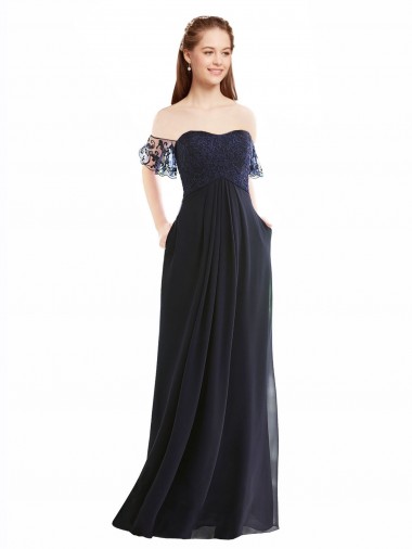 Acquista Blu marino scuro Linea A Scollatura a V Chiffona Pizzo Lunga Abiti da damigella donore