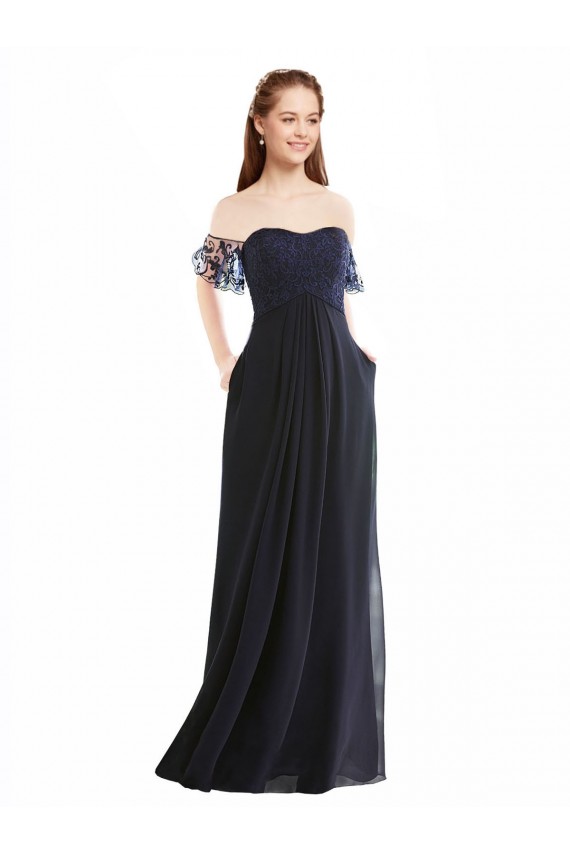 Acquista Blu marino scuro Linea A Scollatura a V Chiffona Pizzo Lunga Abiti da damigella donore