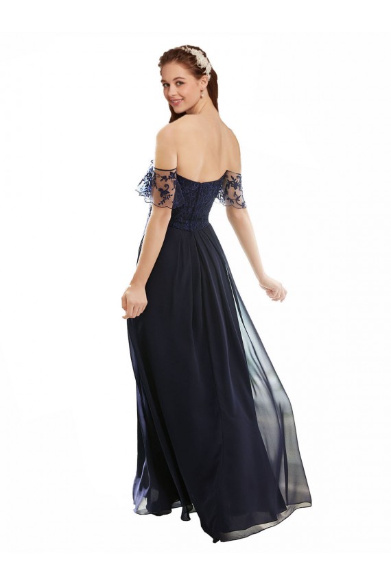 Acquista Blu marino scuro Linea A Scollatura a V Chiffona Pizzo Lunga Abiti da damigella donore