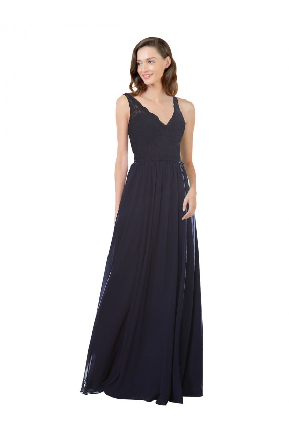 Acquista Blu marino scuro Linea A Scollatura a V Chiffona Pizzo Lunga Abiti da damigella donore